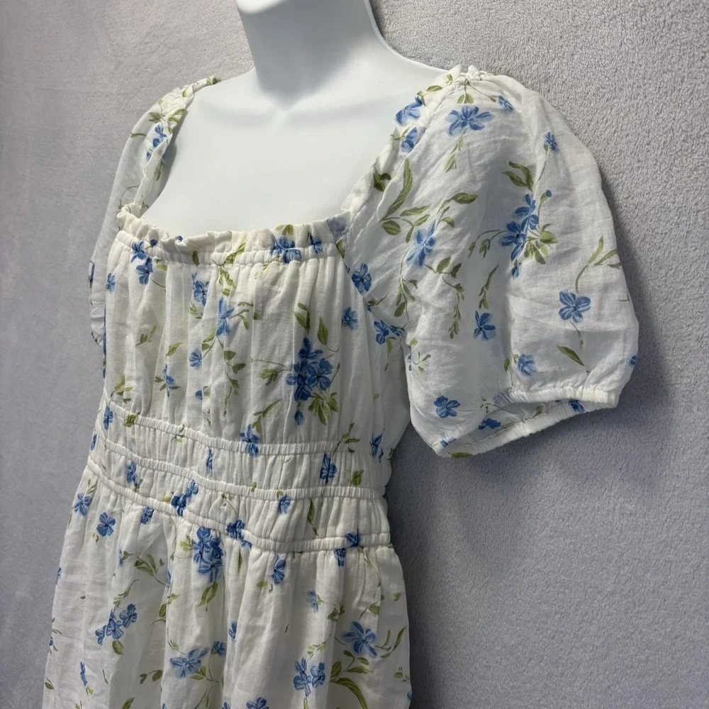 BP. Floral Milkmaid Sundress Womens Medium M White Blue Puff Sleeve Lightweight‎